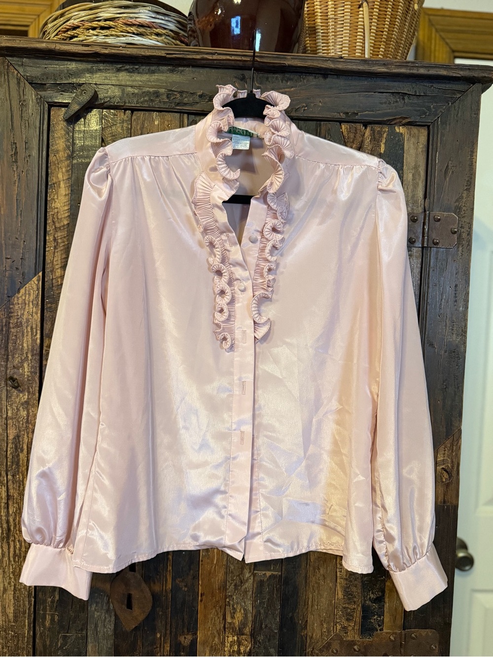 Vtg 80s H-M-S Classics Pink Satin Ruffle Blouse  8 High Neck Romantic Secretary